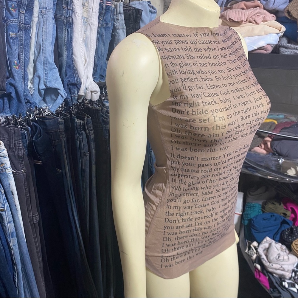 Brown Skin Nude Lady Gaga Born This Way Lyrics Shirt Sheer Transparent Mesh Tank